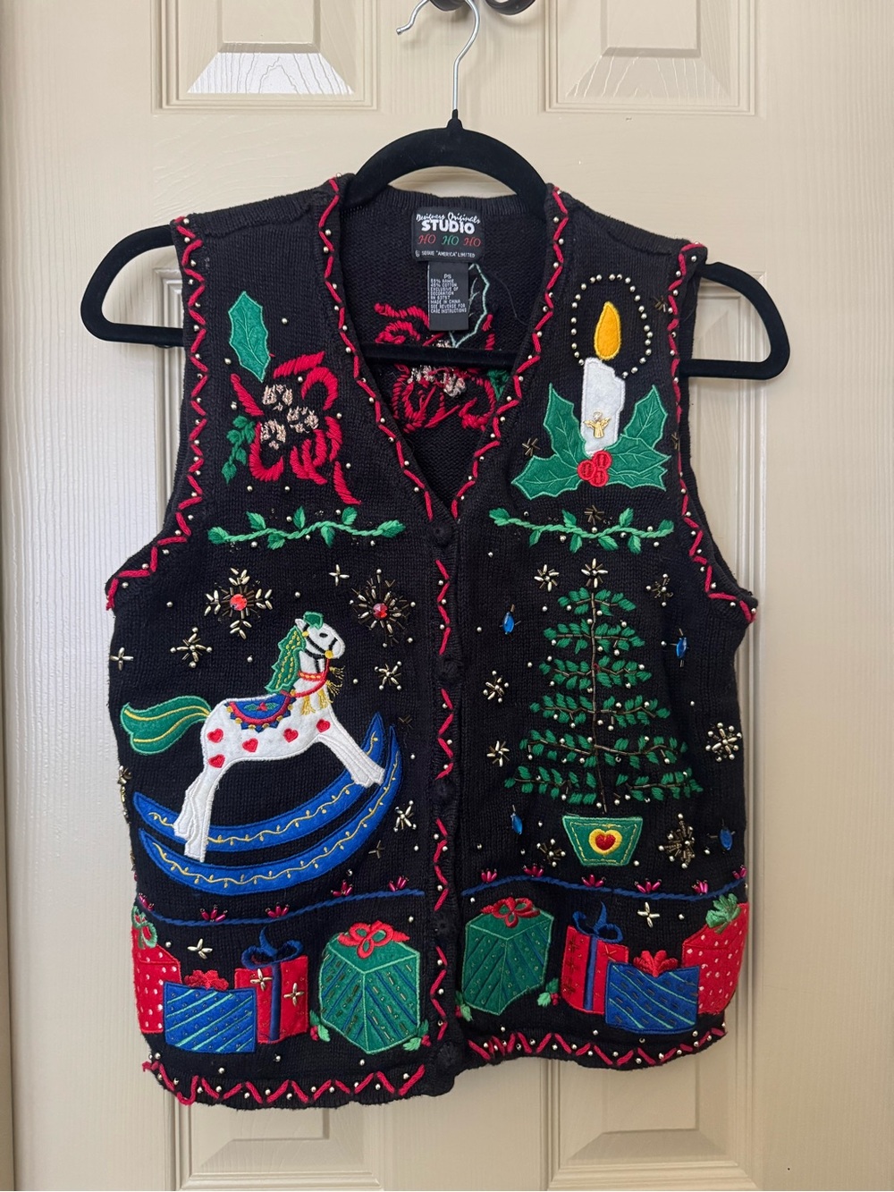 Studio Black Festive Embroidered Holiday Vest with Colorful Motifs